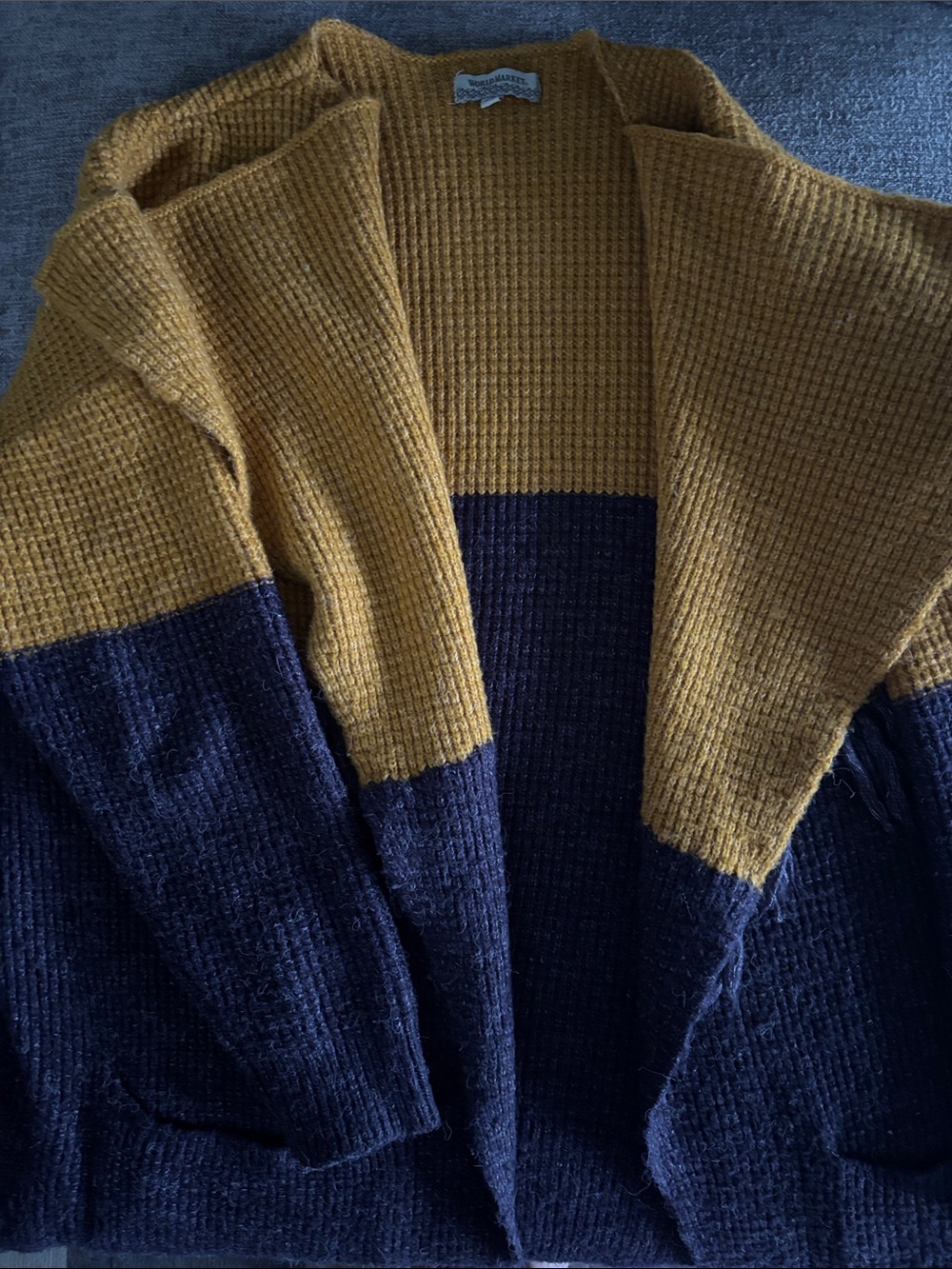 Cost Plus World Market Two-Tone Knit Cardigan in Mustard & Navy